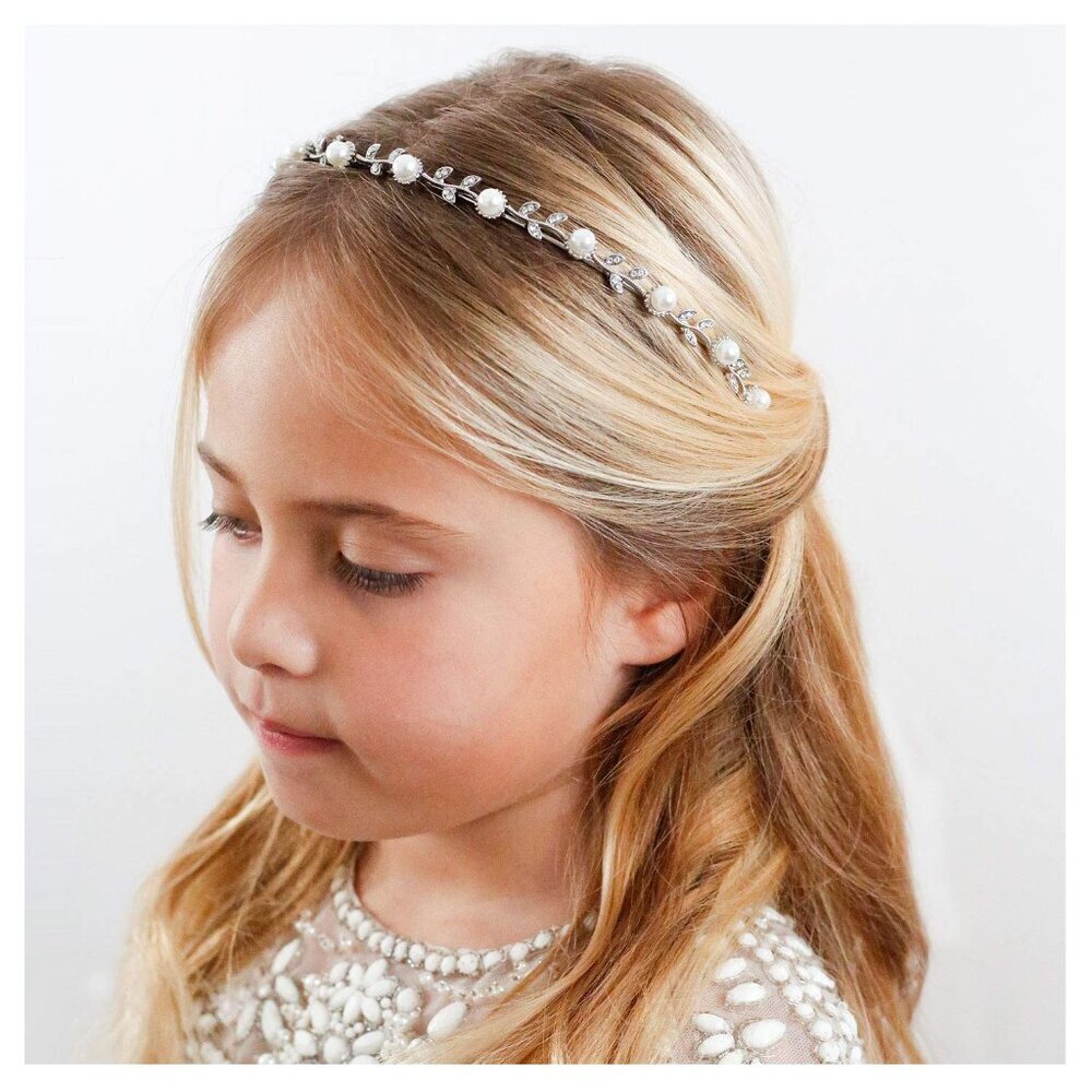 Flower Girl Headpiece Silver Pearl Girls Headband for Wedding Party Accessories